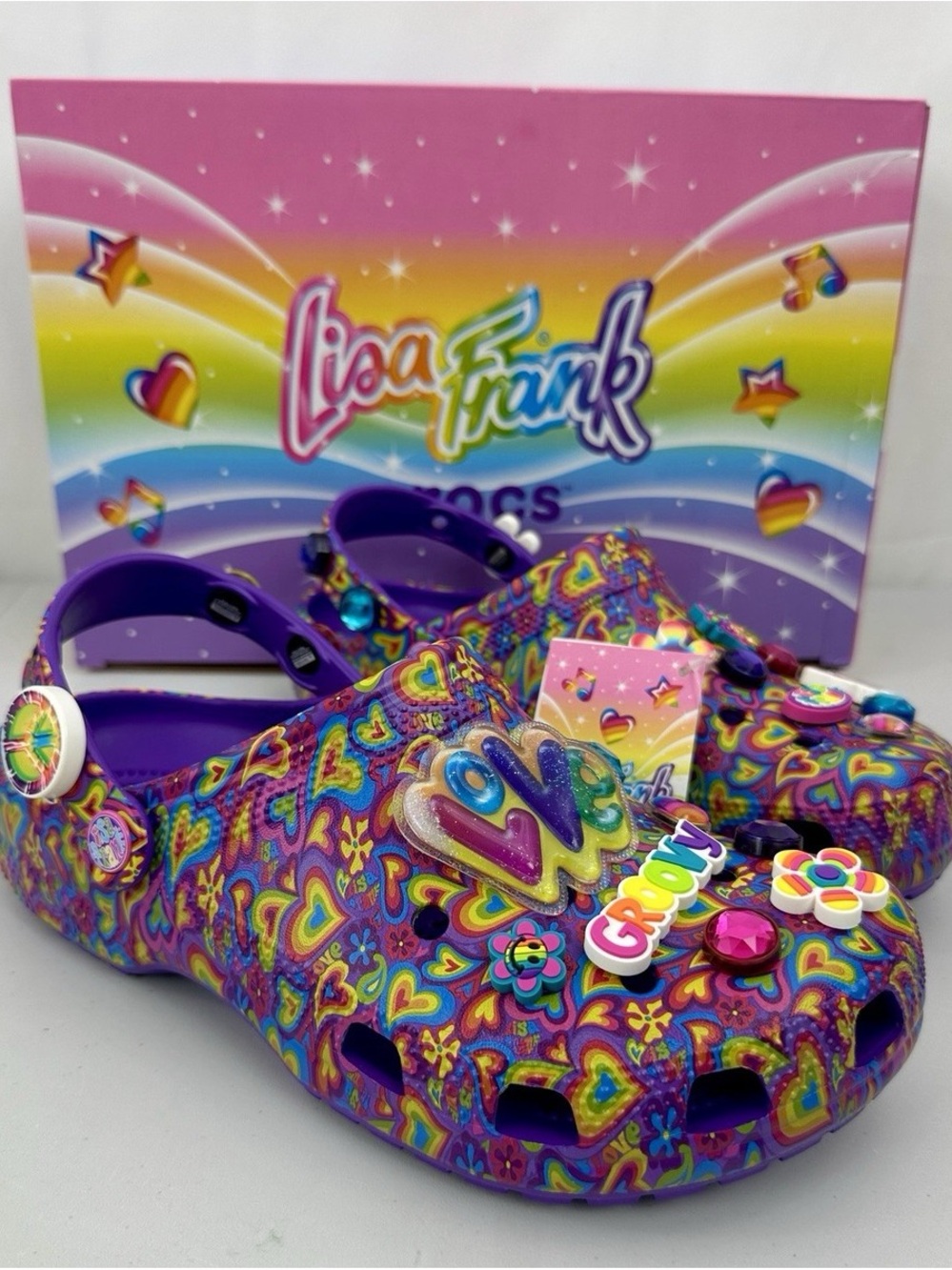 Lisa Frank Purple Rainbow Heart Clog Sandals with Charms
